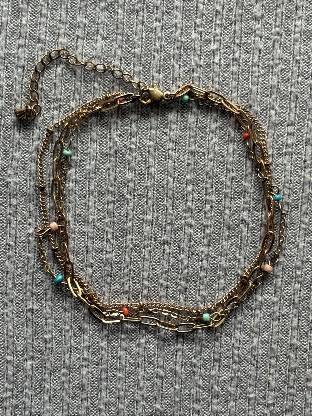 Vintage gold tone multistranded adjustable chain bracelet w multicolor beads